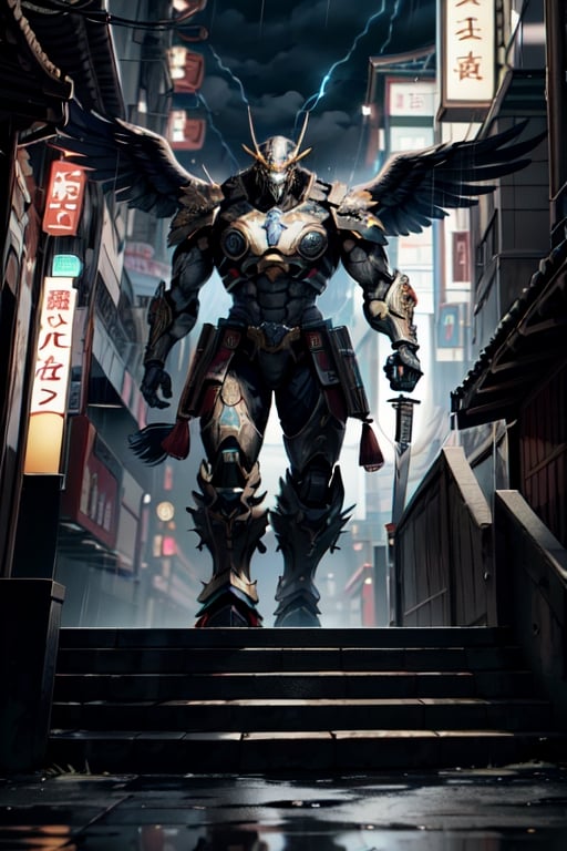 Unreal Engine 5, extreme long shot,action scene.A warrior with an eagle's head in a Japanese swordsman's uniform,holding a two-handed sword,with thunder sword , neon ambiance,abstract black oil,gear mecha,detailed acrylic,grunge,intricate complexity,rendered in unreal engine, photorealistic is walking down the steps of a Japanese temple.There are 30 steps. There is rain falling.The atmosphere is gloomy.It is raining lightly.On the side of the stairs are Japanese warriors.Lying scattered,real images,high definition,64K,Mecha body,FFIXBG