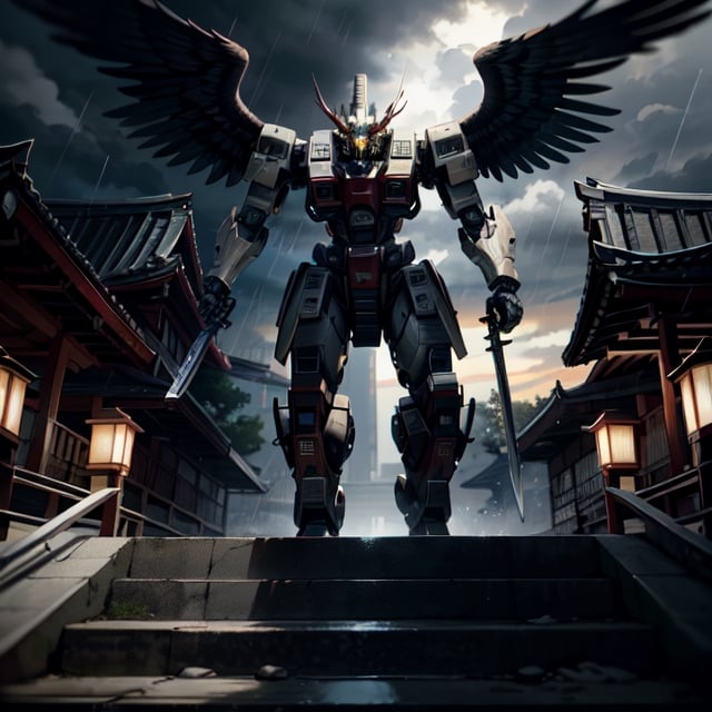 Unreal Engine 5, extreme long shot,action scene.A warrior with an eagle's head in a Japanese swordsman's uniform,holding a two-handed sword,with thunder sword , neon ambiance,abstract black oil,gear mecha,detailed acrylic,grunge,intricate complexity,rendered in unreal engine, photorealistic is walking down the steps of a Japanese temple.There are 30 steps. There is rain falling.The atmosphere is gloomy.It is raining lightly.On the side of the stairs are Japanese warriors.Lying scattered,real images,high definition,64K,Mecha body,FFIXBG