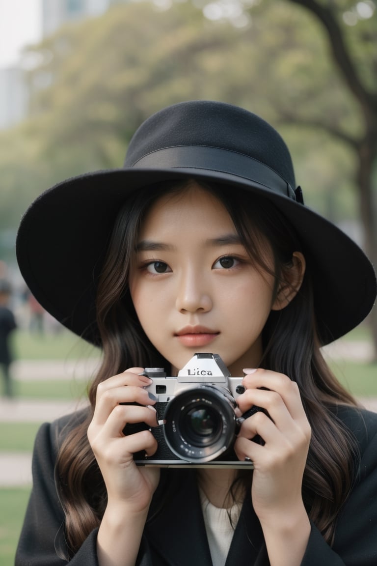 Close up An 18 year old Asian woman with long wavy hair wearing a black cloth hat. Wear a black overcoat Use both hands to lift the LEICA brand film camera and place it close to her face. Preparing to take a photo in the afternoon, a park location, the front is clear, the background is blurred with bokeh, real picture, high definition 8K.,LinkGirl,Masterpiece, ,FilmGirl