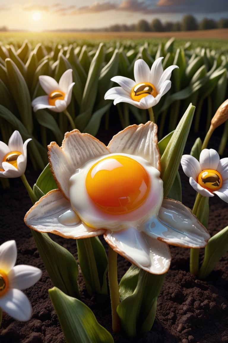 fried egg flower, Photo,Instead of flowers on the stalks, fried egg,lightly browned, glistening with oil, growing in a field, food photography, photorealism, natural light Epic cinematic brilliant stunning intricate meticulously detailed dramatic atmospheric maximalist digital matte painting