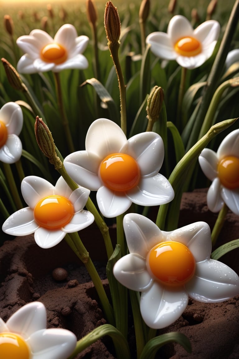 fried egg flower, Photo,Instead of flowers on the stalks, fried egg,lightly browned, glistening with oil, growing in a field, food photography, photorealism, natural light Epic cinematic brilliant stunning intricate meticulously detailed dramatic atmospheric maximalist digital matte painting