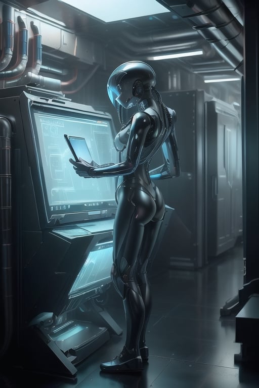 Cinematic photo of a standing cyborgs using a computer. Computer screens are holograms. Located in a military laboratory, full body, high definition, 8K images.,hackedtech,stealthtech ,hydrotech