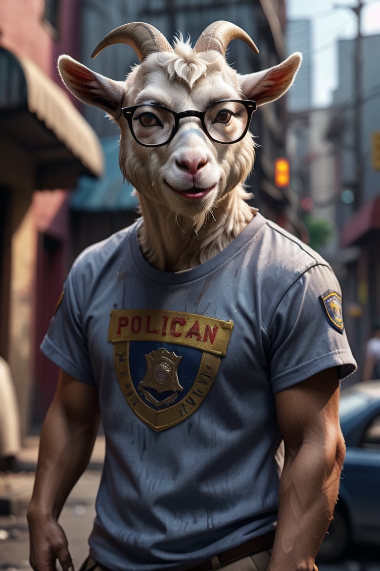 Cinematic photo Asian Goat wearing a T-shirt, wearing glasses, dressed in the style of the poor person. policeman standing in the back, Real photography, high definition, film noir atmosphere. Hyperrealistic, splash art, concept art, mid shot, intricately detailed, color depth, dramatic, 2/3 face angle, side light, colorful background