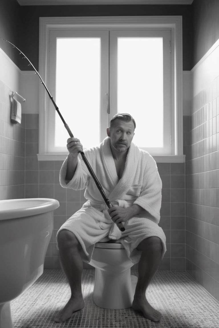 A 40-year-old man sits on the toilet in a bathrobe. fishing rod in hand who is fishing in the bathtub Atmosphere in the bathroom There was morning sunlight shining in. Black and white style, realistic images, high definition, 64K Epic cinematic brilliant stunning intricate meticulously detailed dramatic atmospheric maximalist digital matte painting