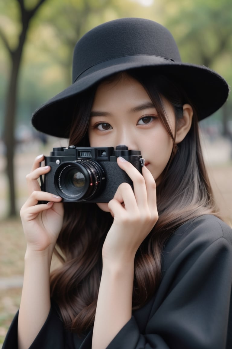 Close up An 18 year old Asian woman with long wavy hair wearing a black cloth hat. Wear a black overcoat Use both hands to lift the LEICA brand film camera and place it close to her face. Preparing to take a photo in the afternoon, a park location, the front is clear, the background is blurred with bokeh, real picture, high definition 8K.,LinkGirl,Masterpiece, ,FilmGirl,aesthetic portrait