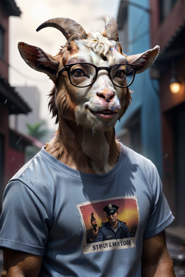 Cinematic photo Asian Goat wearing a T-shirt, wearing glasses, dressed in the style of the poor person. policeman standing in the back, Real photography, high definition, film noir atmosphere. Hyperrealistic, splash art, concept art, mid shot, intricately detailed, color depth, dramatic, 2/3 face angle, side light, colorful background