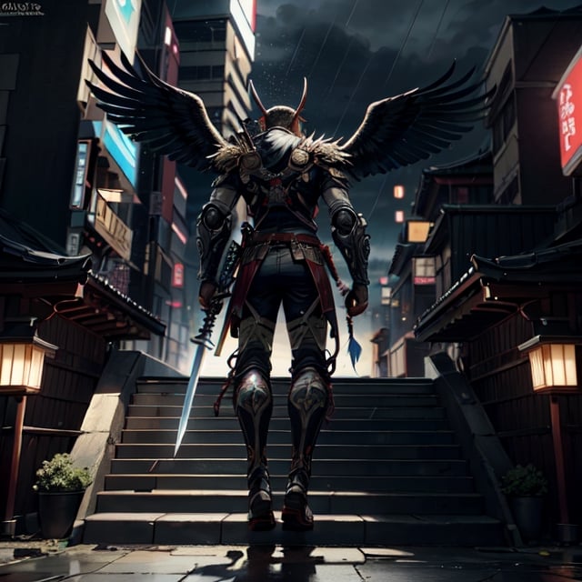 Unreal Engine 5, extreme long shot,action scene.A warrior with an eagle's head in a Japanese swordsman's uniform,holding a two-handed sword,with thunder sword , neon ambiance,abstract black oil,gear mecha,detailed acrylic,grunge,intricate complexity,rendered in unreal engine, photorealistic is walking down the steps of a Japanese temple.There are 30 steps. There is rain falling.The atmosphere is gloomy.It is raining lightly.On the side of the stairs are Japanese warriors.Lying scattered,real images,high definition,64K,Mecha body,FFIXBG