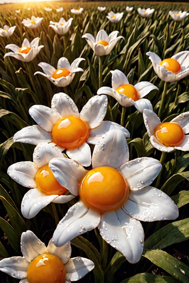 fried egg flower, Photo,Instead of flowers on the stalks, fried egg,lightly browned, glistening with oil, growing in a field, food photography, photorealism, natural light Epic cinematic brilliant stunning intricate meticulously detailed dramatic atmospheric maximalist digital matte painting