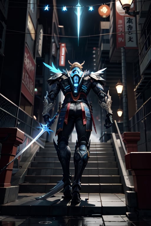 Unreal Engine 5, extreme long shot,action scene.A warrior with an eagle's head in a Japanese swordsman's uniform,holding a two-handed sword,with thunder sword , neon ambiance,abstract black oil,gear mecha,detailed acrylic,grunge,intricate complexity,rendered in unreal engine, photorealistic is walking down the steps of a Japanese temple.There are 30 steps. There is rain falling.The atmosphere is gloomy.It is raining lightly.On the side of the stairs are Japanese warriors.Lying scattered,real images,high definition,64K,Mecha body,FFIXBG