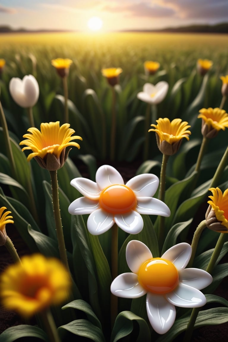 fried egg flower, Photo,Instead of flowers on the stalks, fried egg,lightly browned, glistening with oil, growing in a field, food photography, photorealism, natural light Epic cinematic brilliant stunning intricate meticulously detailed dramatic atmospheric maximalist digital matte painting