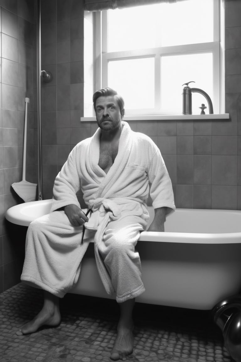 A 40-year-old man sits on the toilet in a bathrobe. fishing rod in hand who is fishing in the bathtub Atmosphere in the bathroom There was morning sunlight shining in. Black and white style, realistic images, high definition, 64K Epic cinematic brilliant stunning intricate meticulously detailed dramatic atmospheric maximalist digital matte painting