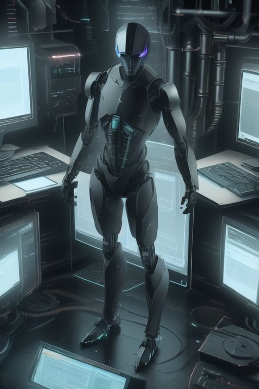 Cinematic photo of a standing cyborgs using a computer. Computer screens are holograms. Located in a military laboratory, full body, high definition, 8K images.,hackedtech,stealthtech 