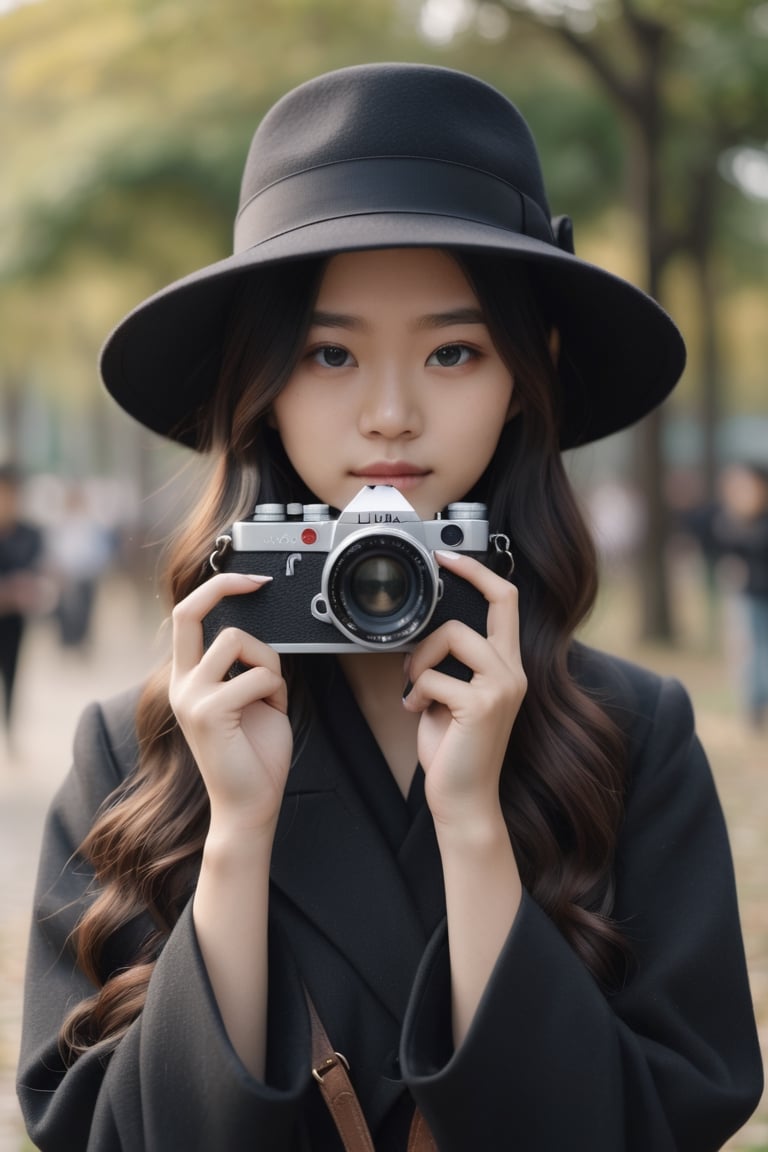 Close up An 18 year old Asian woman with long wavy hair wearing a black cloth hat. Wear a black overcoat Use both hands to lift the LEICA brand film camera and place it close to her face. Preparing to take a photo in the afternoon, a park location, the front is clear, the background is blurred with bokeh, real picture, high definition 8K.,LinkGirl,Masterpiece, ,FilmGirl,aesthetic portrait