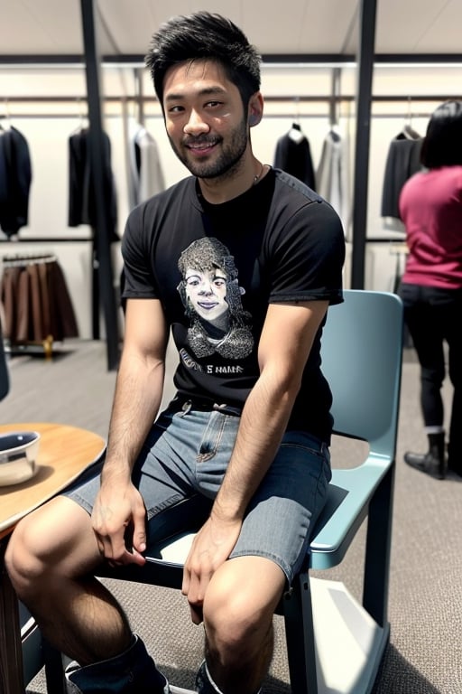 Young Asian male artist, 30 years old, wearing a gray t-shirt. Wear jeans Sketching a picture of a 10 year old Asian girl sitting in a sketch. seat opposite A little child wears a colorful cartoon patterned skirt. The sketch shows a girl sitting as a model. The young man's surroundings were filled with sketches of various people's faces in picture frames. It was evening. The location was in a flea market with people walking around. Happy atmosphere, realistic images, high definition 64K