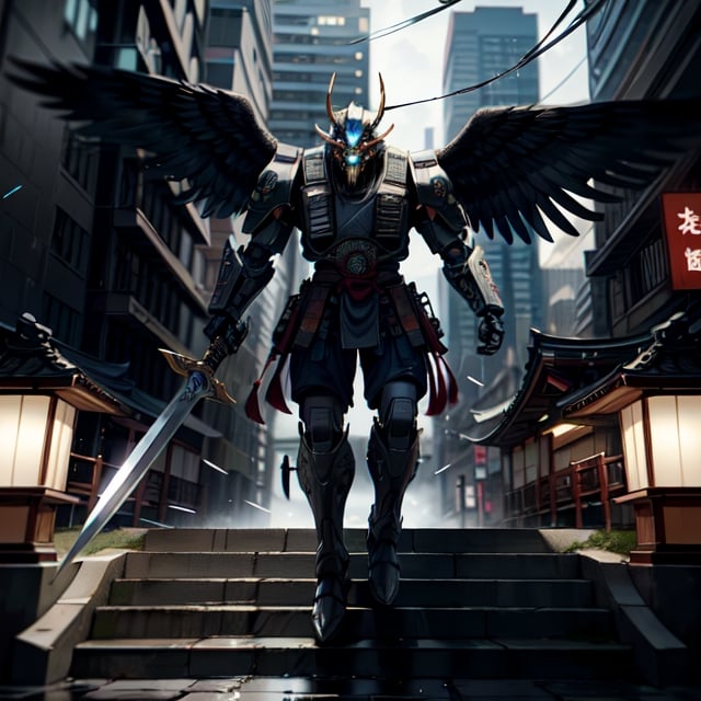 Unreal Engine 5, extreme long shot,action scene.A warrior with an eagle's head in a Japanese swordsman's uniform,holding a two-handed sword,with thunder sword , neon ambiance,abstract black oil,gear mecha,detailed acrylic,grunge,intricate complexity,rendered in unreal engine, photorealistic is walking down the steps of a Japanese temple.There are 30 steps. There is rain falling.The atmosphere is gloomy.It is raining lightly.On the side of the stairs are Japanese warriors.Lying scattered,real images,high definition,64K,Mecha body,FFIXBG