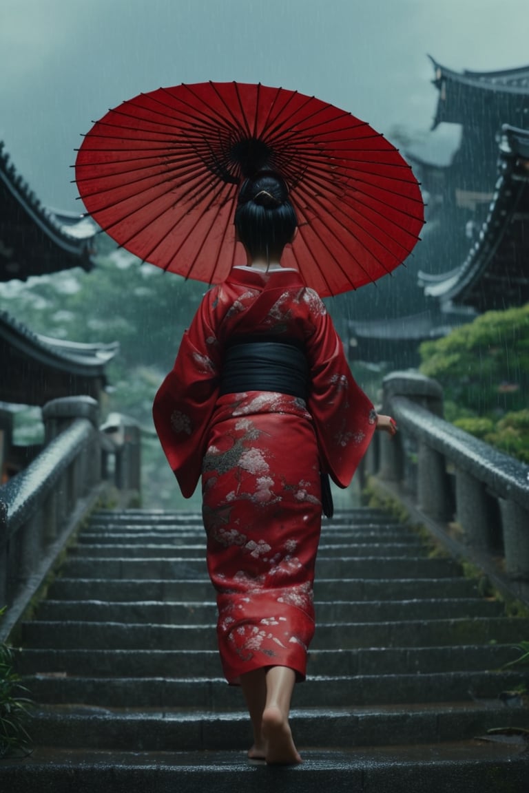 "A beautiful Japanese girl wearing a red and black kimono, holding a red umbrella, standing with her back turned, walking up the stairs to a Japanese temple. The stairs have 30 steps. There is rain falling. Rainy atmosphere. Real picture. High definition. 64K. Epic cinematic brilliant stunning intricate meticulously detailed dramatic atmospheric maximalist digital matte painting"