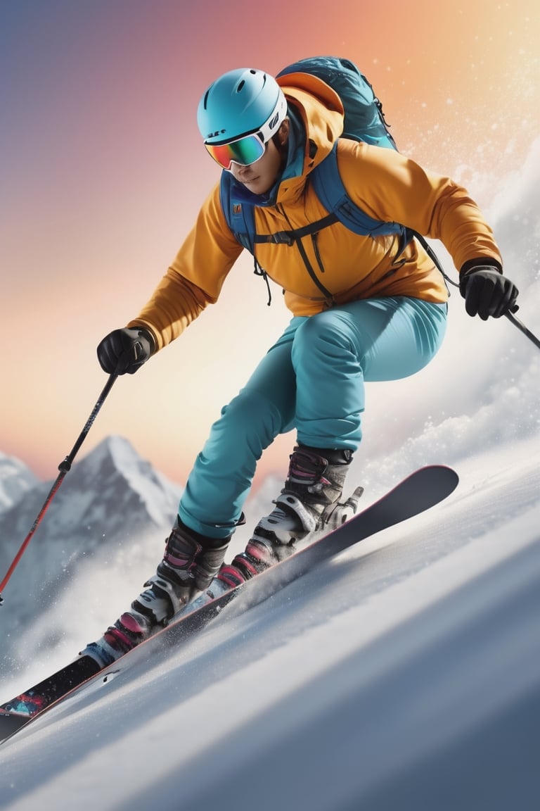 Skiing on Everest, skier skiing with mostly muted colors with a pop of color, ski vector art, Miki Asai Macro photography, close-up, hyper detailed, trending on artstation, sharp focus, studio photo, intricate details, highly detailed, by greg rutkowski Hyperrealistic, splash art, concept art, mid shot, intricately detailed, color depth, dramatic, 2/3 face angle, side light, colorful background