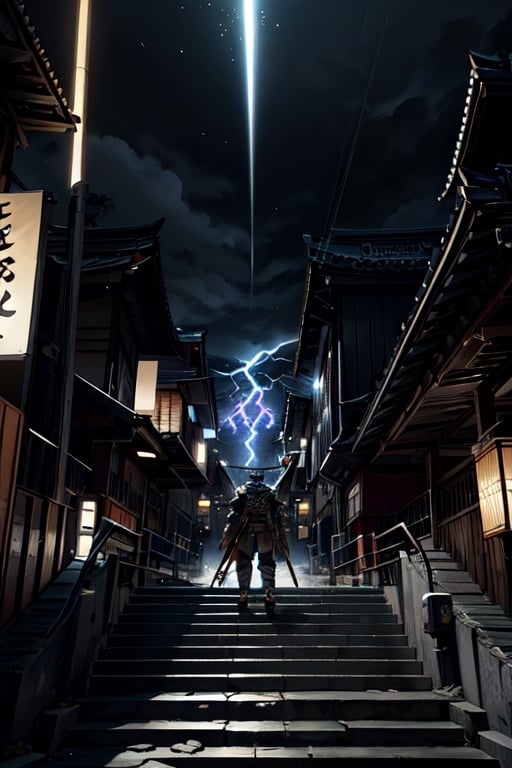 Unreal Engine 5, extreme long shot,action scene.A warrior with an eagle's head in a Japanese swordsman's uniform,holding a two-handed sword,with thunder sword , neon ambiance,abstract black oil,gear mecha,detailed acrylic,grunge,intricate complexity,rendered in unreal engine, photorealistic is walking down the steps of a Japanese temple.There are 30 steps. There is rain falling.The atmosphere is gloomy.It is raining lightly.On the side of the stairs are Japanese warriors.Lying scattered,real images,high definition,64K,Mecha body,FFIXBG