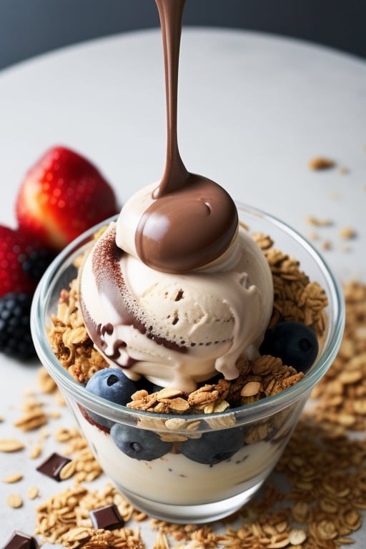 Delicious chocolate scoop ice cream with fruits and granola in a glass bowl on a table surrounded by fruits.