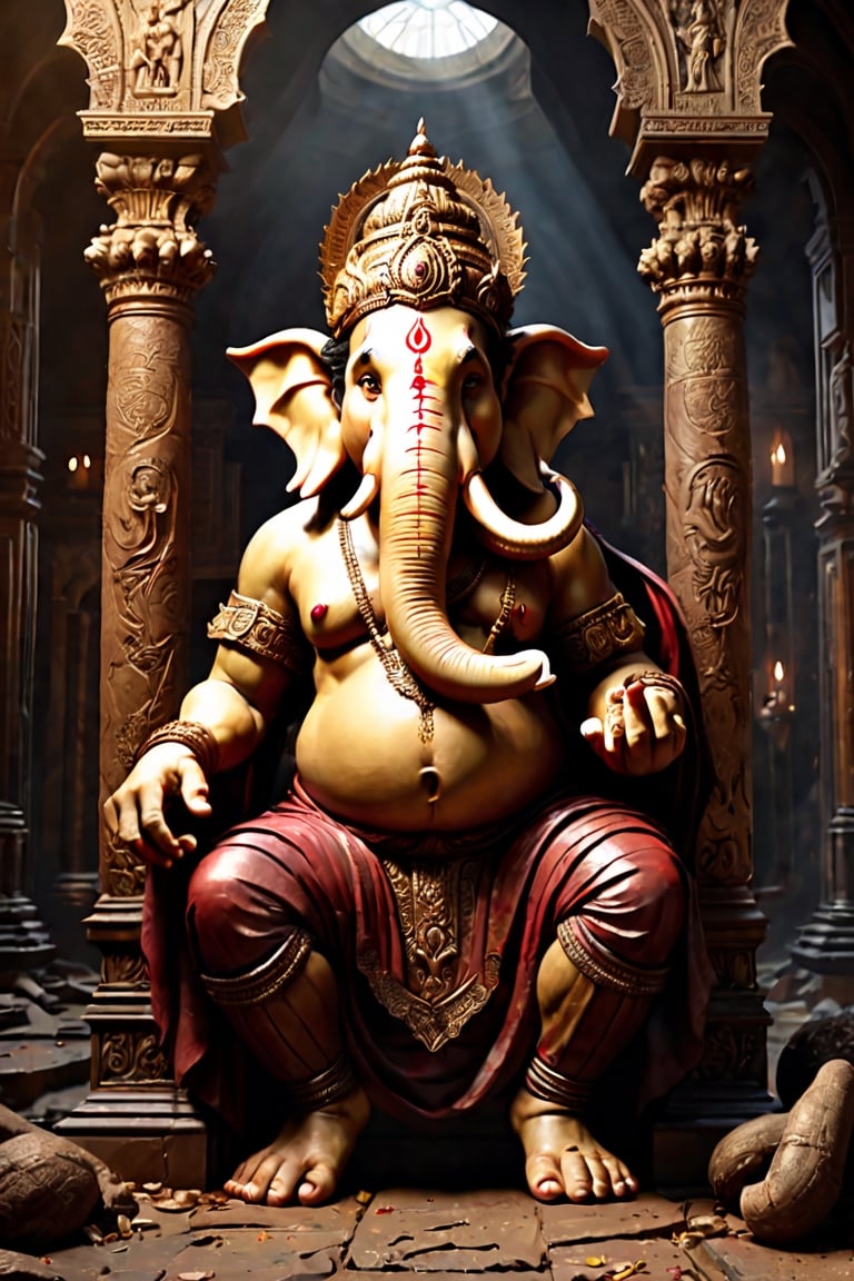 Create an artwork highlighting Ganesha's broken tusk, portraying the resilience of his wisdom and kindness, standing as a testament to lessons learned, perfect composition, many golds on ground, beautiful detailed intricate insanely detailed octane render trending on artstation, 8 k artistic photography, photorealistic concept art, soft natural volumetric cinematic perfect light, chiaroscuro, award - winning photograph, masterpiece, oil on canvas, raphael, caravaggio, greg rutkowski, beeple, beksinski, giger