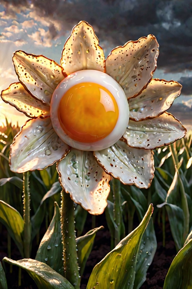 fried egg flower, Photo,Instead of flowers on the stalks, fried egg,lightly browned, glistening with oil, growing in a field, food photography, photorealism, natural light Epic cinematic brilliant stunning intricate meticulously detailed dramatic atmospheric maximalist digital matte painting