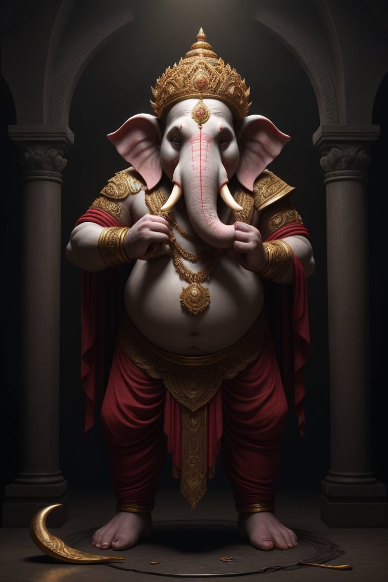 Create an artwork highlighting Ganesha's broken tusk, portraying the resilience of his wisdom and kindness, standing as a testament to lessons learned, perfect composition, many golds on ground, beautiful detailed intricate insanely detailed octane render trending on artstation, 8 k artistic photography, photorealistic concept art, soft natural volumetric cinematic perfect light, chiaroscuro, award - winning photograph, masterpiece, oil on canvas, raphael, caravaggio, greg rutkowski, beeple, beksinski, giger,<lora:659095807385103906:1.0>