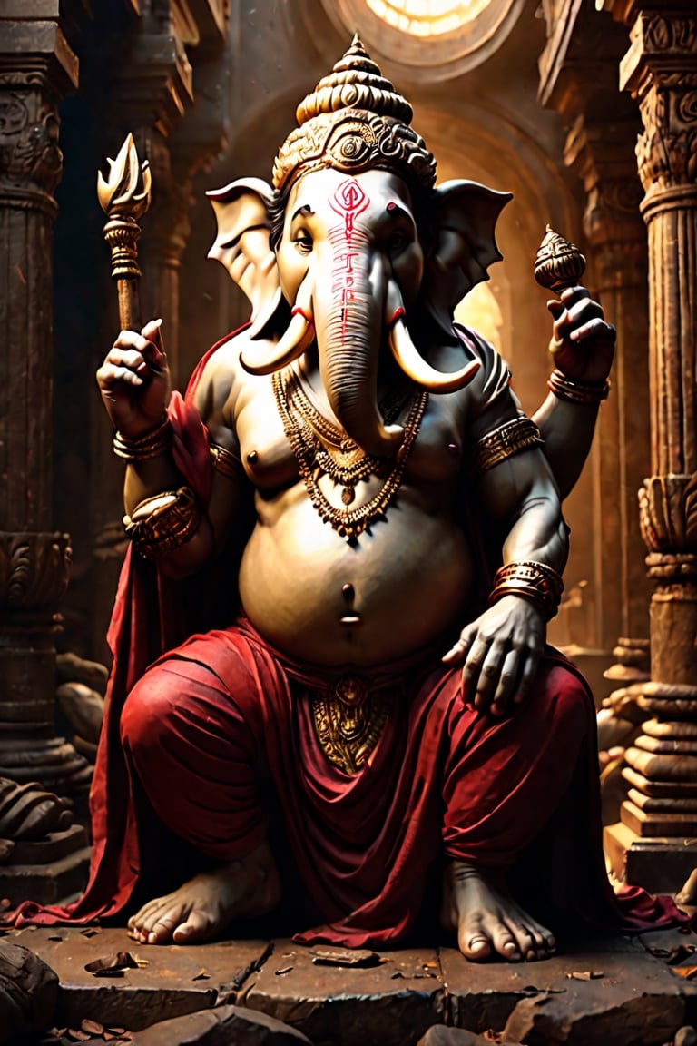 Create an artwork highlighting Ganesha's broken tusk, portraying the resilience of his wisdom and kindness, standing as a testament to lessons learned, perfect composition, many golds on ground, beautiful detailed intricate insanely detailed octane render trending on artstation, 8 k artistic photography, photorealistic concept art, soft natural volumetric cinematic perfect light, chiaroscuro, award - winning photograph, masterpiece, oil on canvas, raphael, caravaggio, greg rutkowski, beeple, beksinski, giger