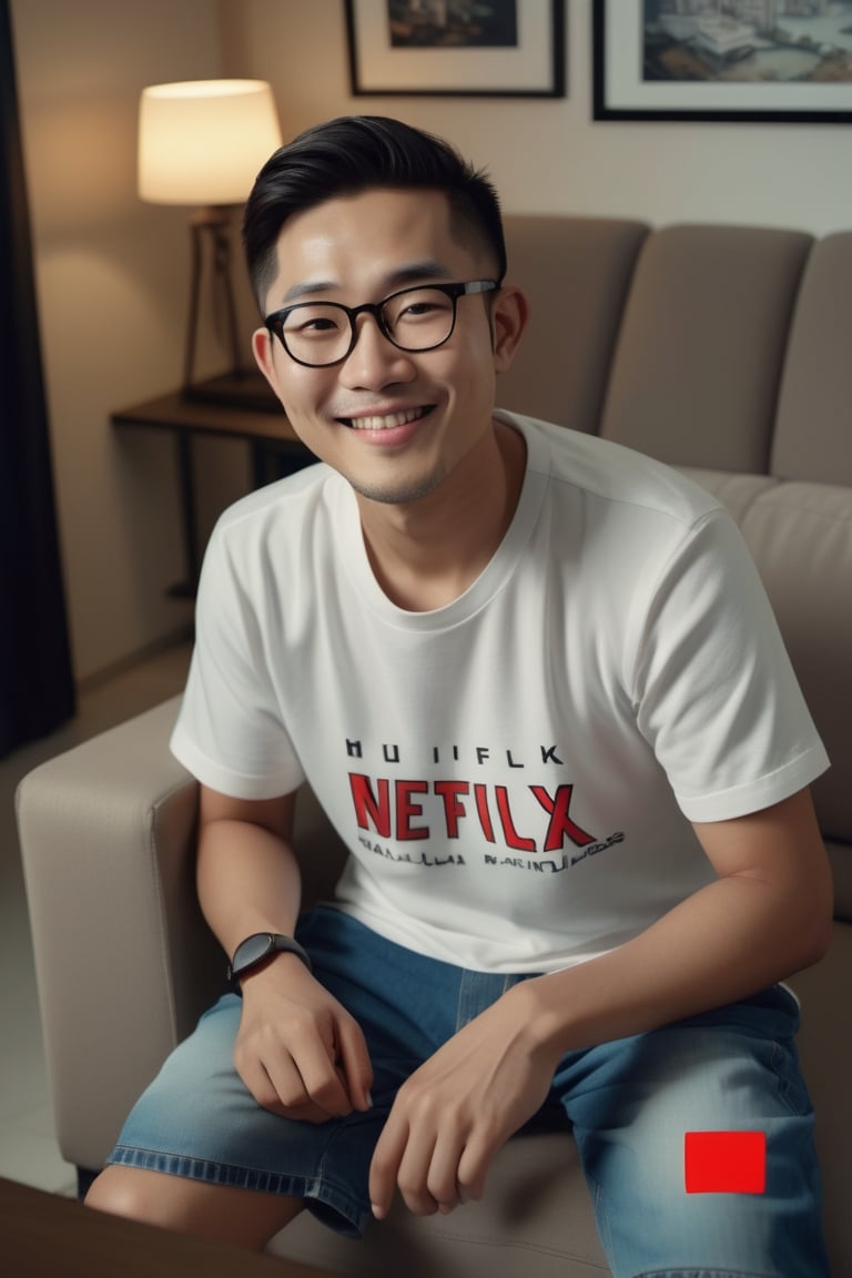 A 30-year-old Asian man wearing glasses, smile face wearing a t-shirt and shorts is sitting on the sofa in the living room of his condo, looking at the television. The picture on the television screen is the Netflix logo. Evening atmosphere. Real picture. High definition 64K Epic cinematic brilliant stunning intricate meticulously detailed dramatic atmospheric maximalist digital matte painting