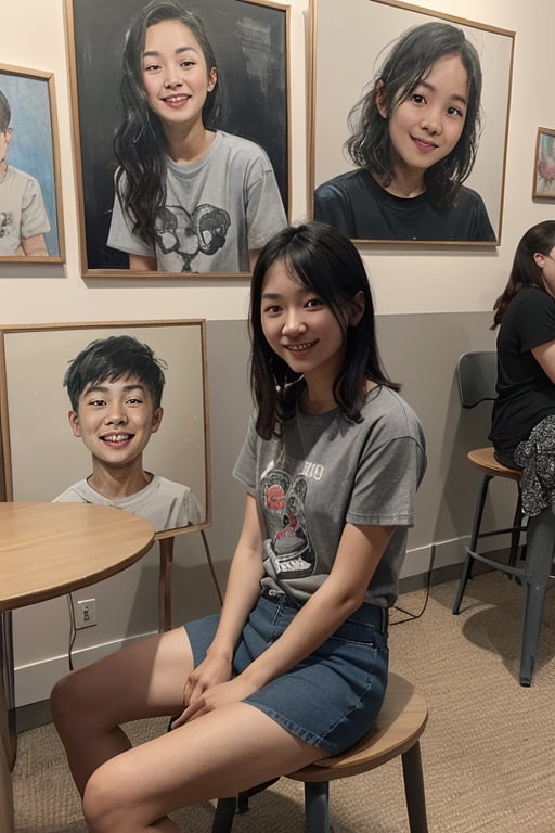 Young Asian male artist, 30 years old, wearing a gray t-shirt. Wear jeans Sketching a picture of a 10 year old Asian girl sitting in a sketch. seat opposite A little child wears a colorful cartoon patterned skirt. The sketch shows a girl sitting as a model. The young man's surroundings were filled with sketches of various people's faces in picture frames. It was evening. The location was in a flea market with people walking around. Happy atmosphere, realistic images, high definition 64K