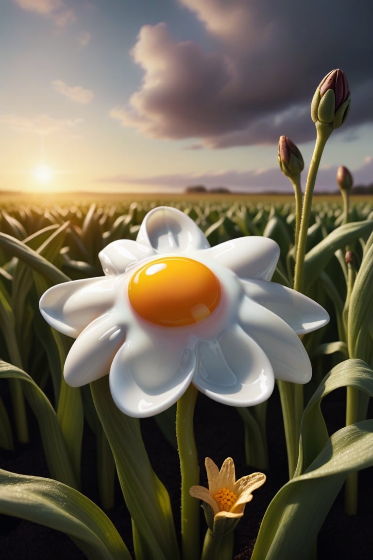 fried egg flower, Photo,Instead of flowers on the stalks, fried egg,lightly browned, glistening with oil, growing in a field, food photography, photorealism, natural light Epic cinematic brilliant stunning intricate meticulously detailed dramatic atmospheric maximalist digital matte painting