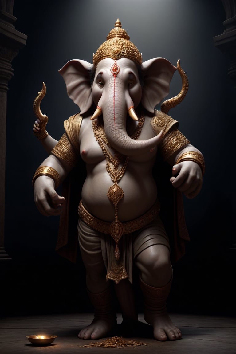 Create an artwork highlighting Ganesha's broken tusk, portraying the resilience of his wisdom and kindness, standing as a testament to lessons learned, perfect composition, many golds on ground, beautiful detailed intricate insanely detailed octane render trending on artstation, 8 k artistic photography, photorealistic concept art, soft natural volumetric cinematic perfect light, chiaroscuro, award - winning photograph, masterpiece, oil on canvas, raphael, caravaggio, greg rutkowski, beeple, beksinski, giger,<lora:659095807385103906:1.0>