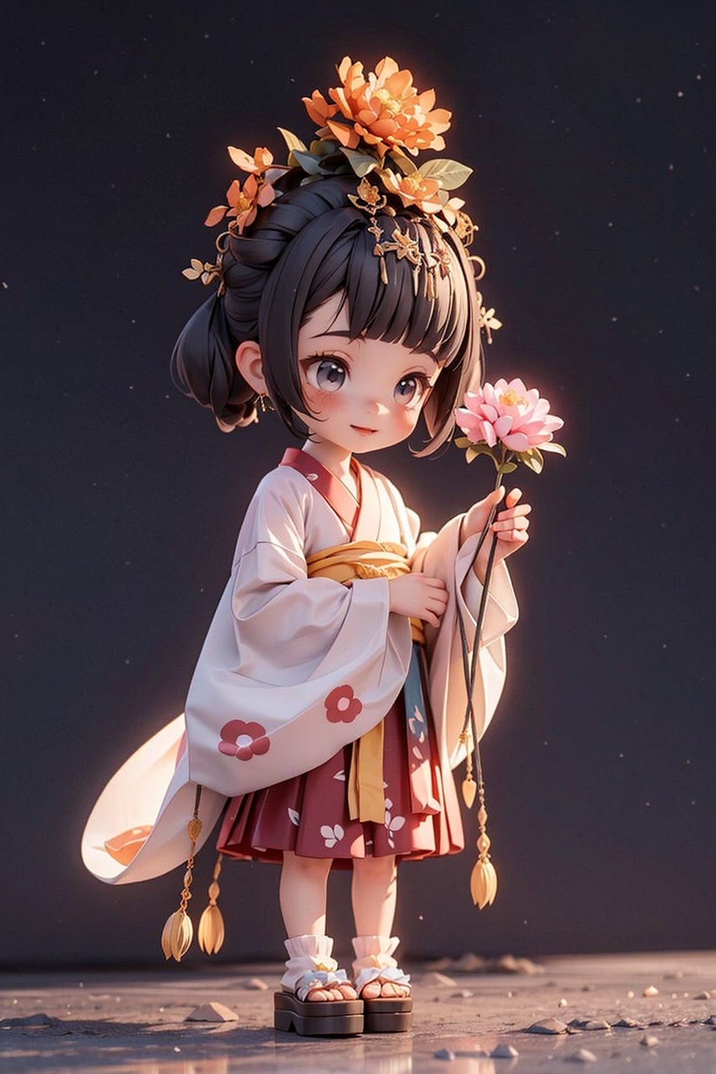 3d, chibi style, cute girl wearing Tang style Hanfu skirt, hairpin on head, holding flowers, Graphics in the style of DreamWorks Animation style, traditional ink landscape