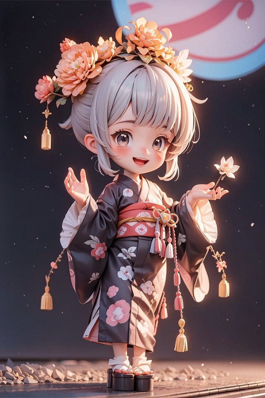 3d, chibi style, Busy stock exchange, cute girl wearing Japanese kimono, solo, very happy, smile open mouth, wearing a hairpin, Graphics in the style of DreamWorks Animation style