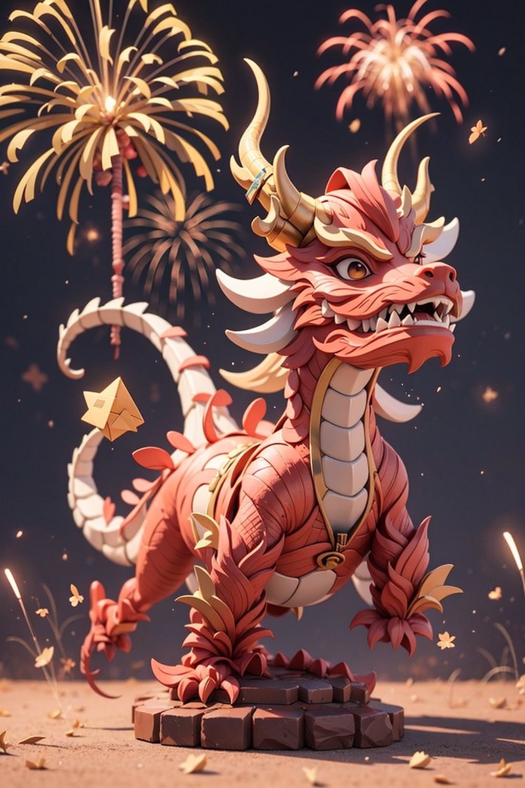 3d, Chinese dragon, red envelope, firecrackers, fireworks, title "2024"