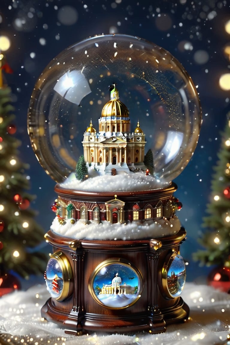 An epic, exquisite and realistic snow globe. The base of the snow globe is decorated with noble gold-encrusted rosewood and decorated with exquisite colored diamonds. The top of the snow globe is embellished with dazzling and moving diamonds. Inside the snow globe is a miniature model of St. Peter's Basilica in the Vatican Panoramic view, detailed presentation of architectural details, falling snowflakes. F.18, the lens focuses on the snow globe, 8K, the background is Christmas atmosphere, the trend style refers to ArtStation