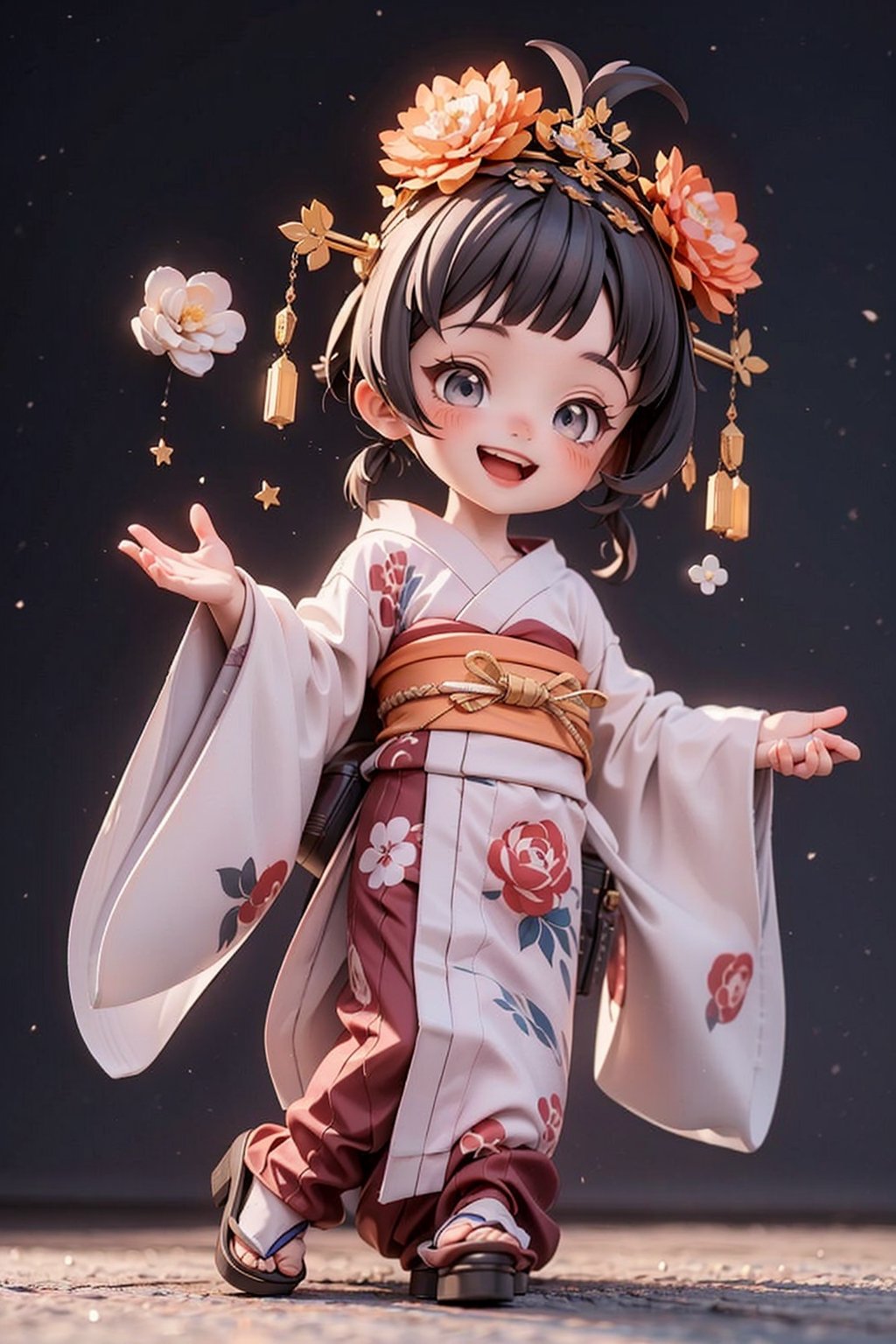 3d, chibi style, Busy stock exchange, cute girl wearing Japanese kimono, solo, very happy, smile open mouth, wearing a hairpin, Graphics in the style of DreamWorks Animation style