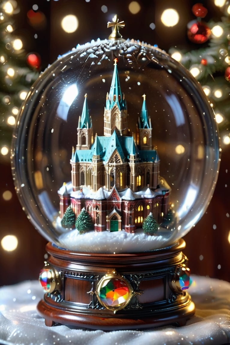 An epic, exquisite and realistic snow globe. The base of the snow globe is decorated with noble gold-encrusted rosewood and decorated with exquisite colored diamonds. The top of the snow globe is embellished with dazzling and moving diamonds. Inside the snow globe is a miniature model of Panoramic view of Cologne Cathedral, Germany, detailed presentation of architectural details, falling snowflakes. F.18, the lens focuses on the snow globe, 8K, the background is Christmas atmosphere, the trend style refers to ArtStation