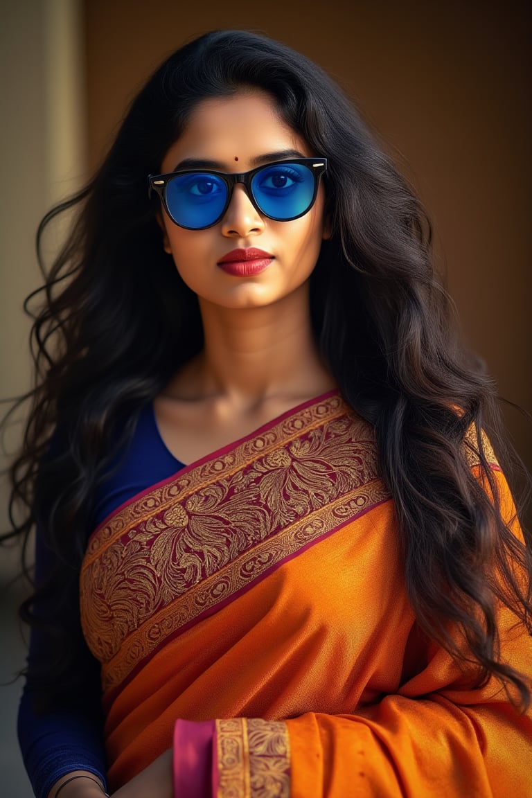 A portrait of an Indian woman with long, flowing black hair, draped in a vibrant traditional Saree, adorned with stylish blue eyeglasses. The image captures her standing elegantly, the Saree's fabric intricately patterned and flowing around her. Soft, warm lighting highlights her features and the rich colors of her attire, accentuating the blue lenses of her glasses. The composition focuses on her serene expression and the detailed embroidery of the Saree, set against a subtle, neutral background.