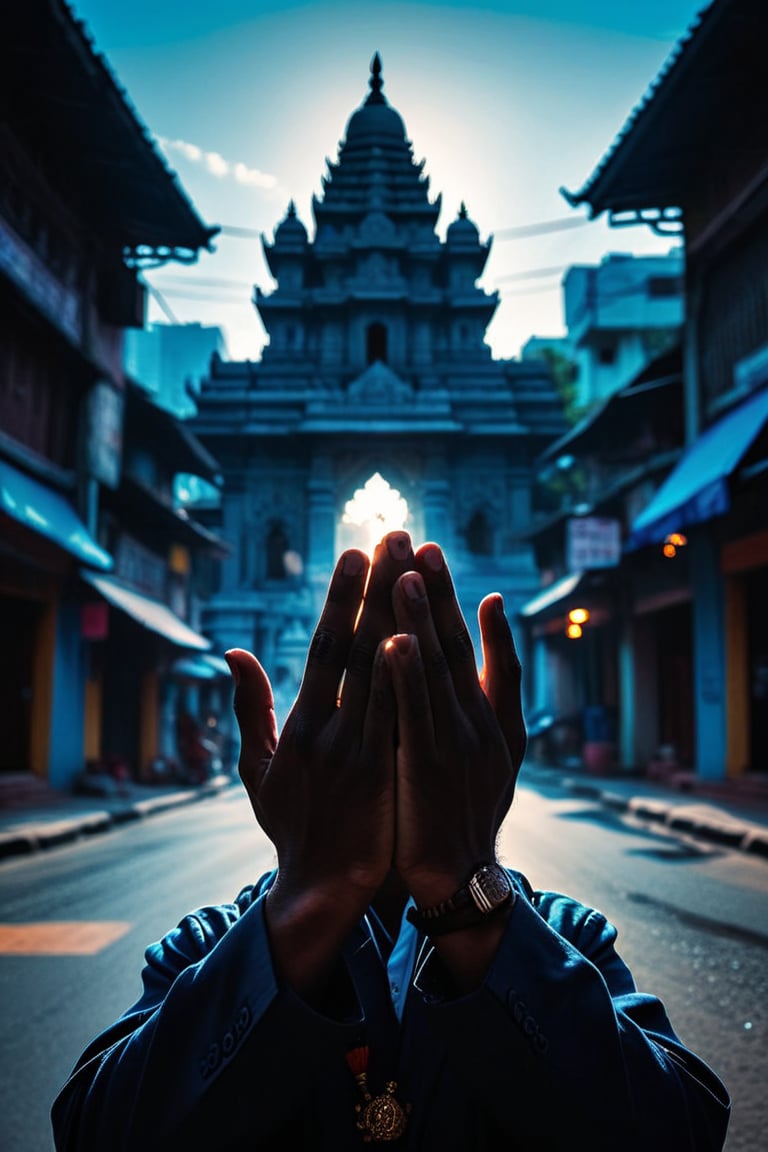 Silhouette outline of a hands in prayer style, superimposed inside the silhouette is a tiny Hindu Temple with Lord Krishna on road, tilt shift double exposure photography, day background