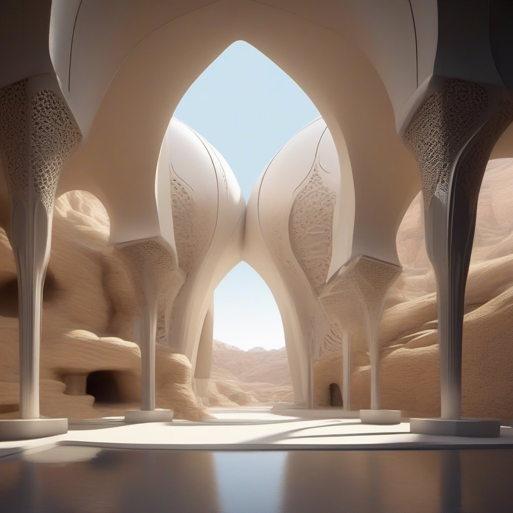 Futuristic Islamic architecture design of cave architecture concept art on desert oasis, islamic architecture, proportional,detailed, cave architecture nature meets futuristic architecture by Toyo Ito ,residential area, futuristic development, high rise balconies, full of rock and glass facades, residential spaces carved from cliff side ,trending on artstation, beautiful lighting,In the style of Arabic calligraphy masterpiece, fantasy, intricate, award winning, 4k, highest quality render --auto --s2