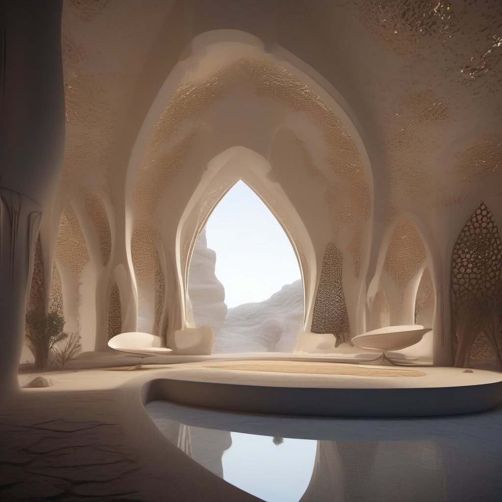 Futuristic Islamic architecture design of cave architecture concept art on desert oasis, islamic architecture, proportional,detailed, cave architecture nature meets futuristic architecture by Toyo Ito ,residential area, futuristic development, high rise balconies, full of rock and glass facades, residential spaces carved from cliff side ,trending on artstation, beautiful lighting,In the style of Arabic calligraphy masterpiece, fantasy, intricate, award winning, 4k, highest quality render --auto --s2