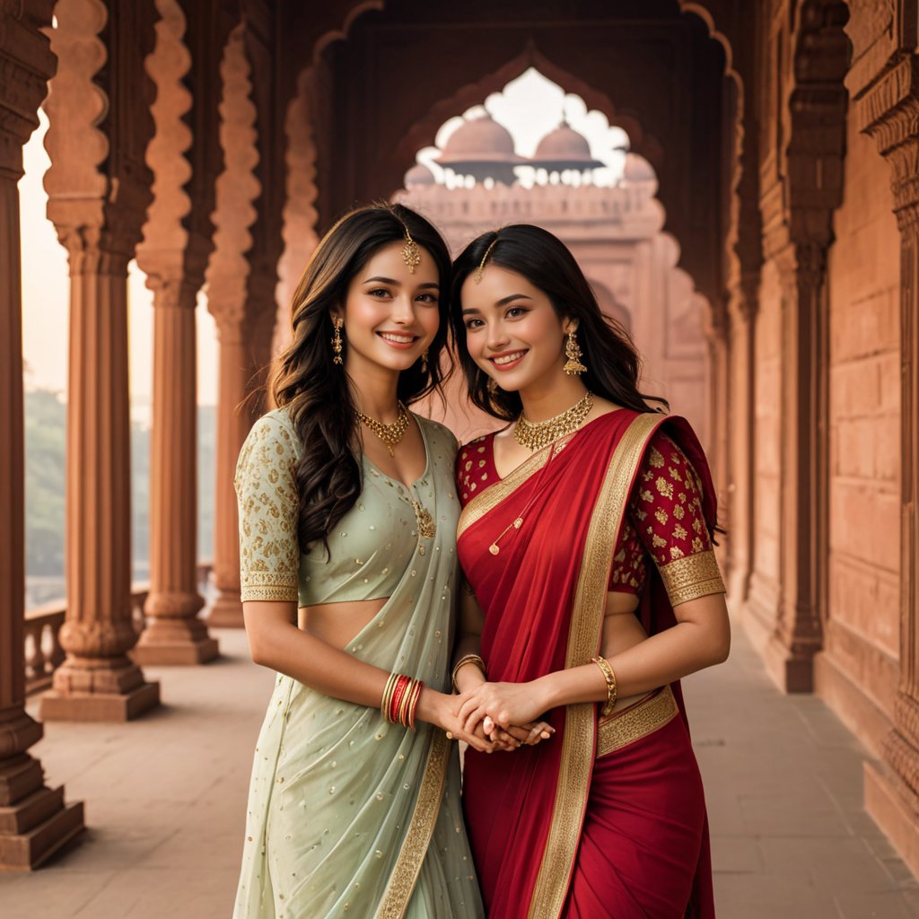 Indian women, ultra detailed, highres, masterpiece, by_style, bf_holding_hands, Indian women holding hands with viewer, walking in the Red fort, Delhi, atmosphere, soft lighting, warm colors, embrace, affectionate, gentle touch, intimate moment, happiness, smiles, blissful, loving gaze, deep connection, heartwarming, dreamy background,