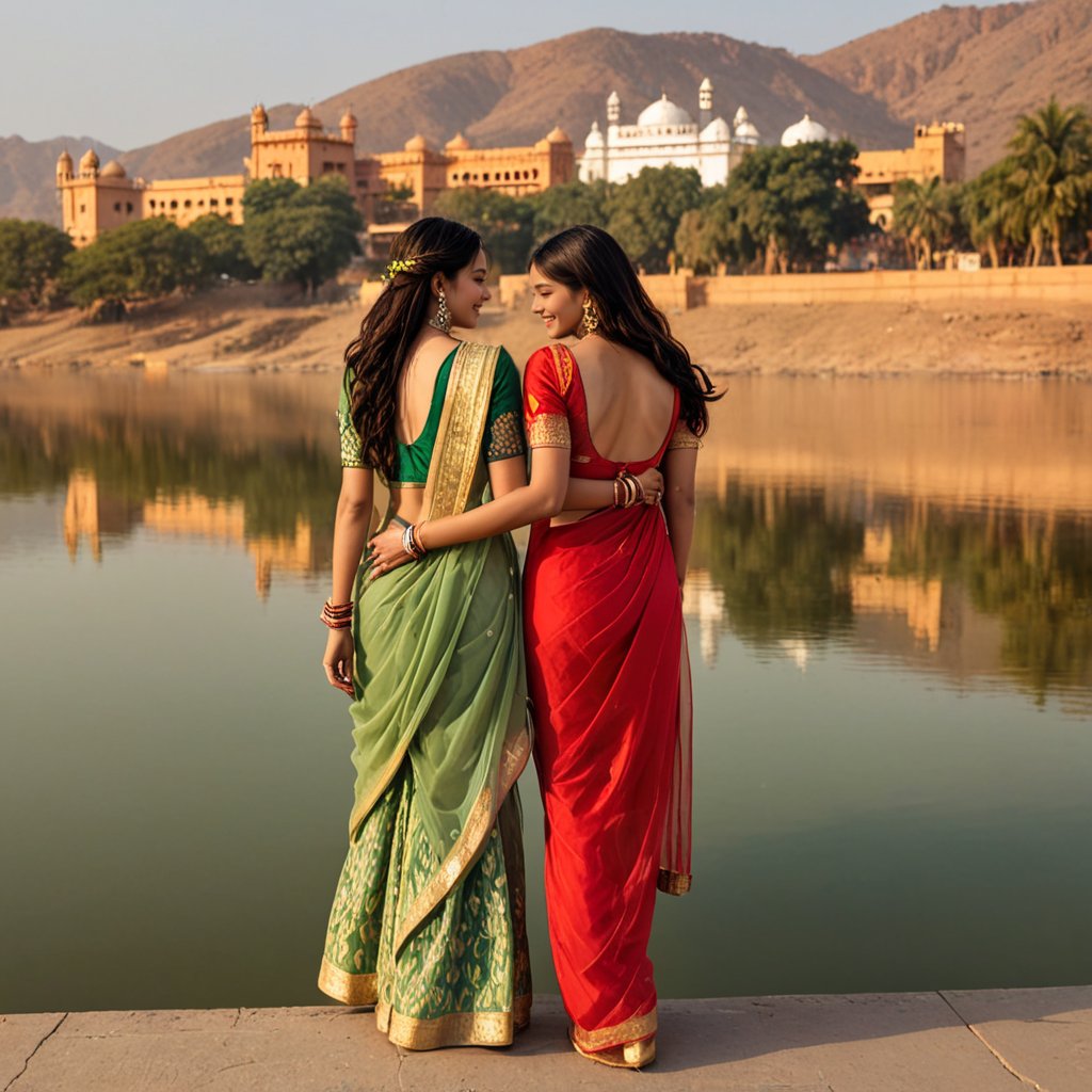 Indian women, ultra detailed, highres, masterpiece, by_style, bf_holding_hands, Indian women holding hands with viewer, walking in front of the Foy Sagar Lake, Ajmer, atmosphere, soft lighting, warm colors, embrace, affectionate, gentle touch, intimate moment, happiness, smiles, blissful, loving gaze, deep connection, heartwarming, dreamy background,