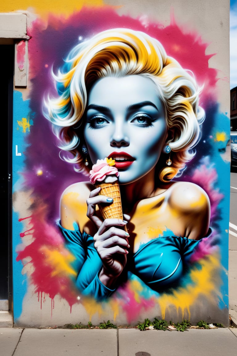 Chalk Art of a Marilyn Monroe eating ice cream corn in a wall, street art, vibrant, urban, detailed,