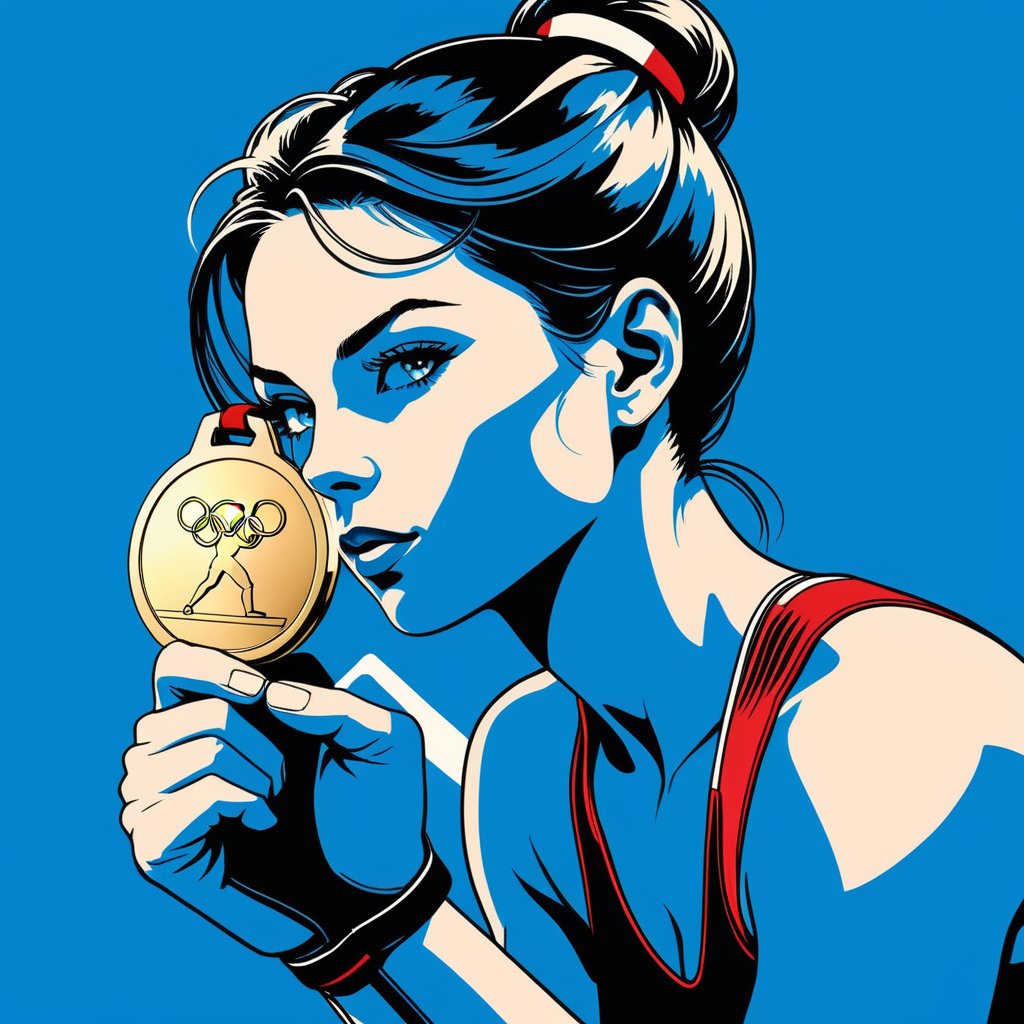 Vector art, Minimalist ink art, stunning beauty, Olympic athletes, gold medal, Olympic Rings, Boxing Action, a portrait picture, incredible detail, fantasy portrait, smooth skin, blue background,