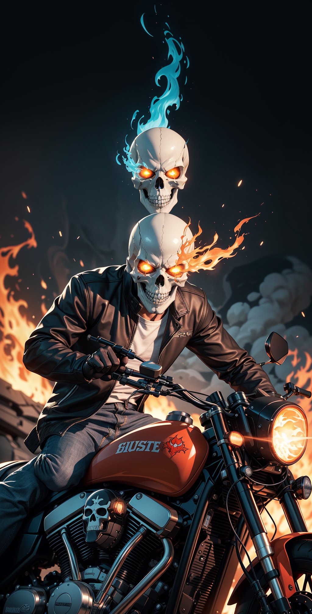 "Generate a striking image of Ghost Rider with his iconic burning skull face engulfed in flames, riding a blazing motorcycle through a dark and ominous landscape. Capture the intense and menacing aura of the character while highlighting the fiery elements that make him so captivating."blue rad fire, blue car,