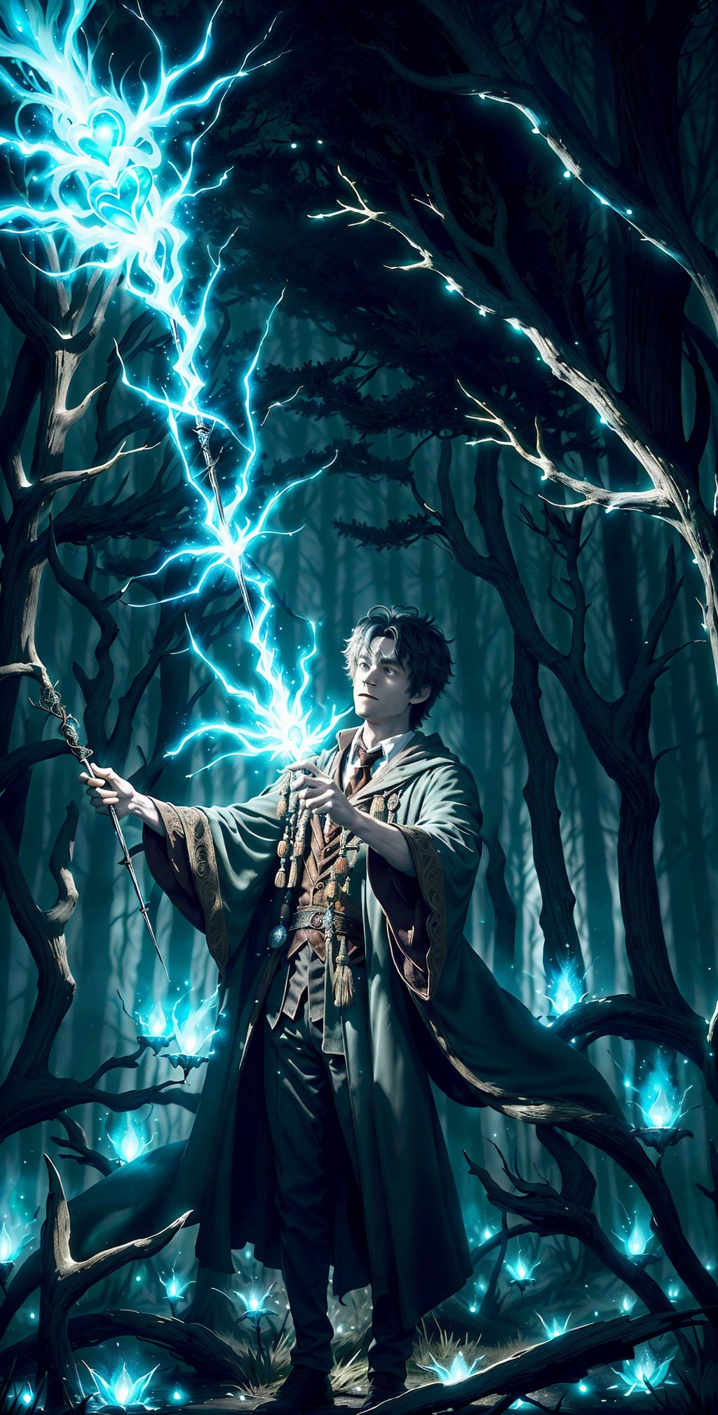 "In the enchanting world of Harry Potter, depict a scene where Harry stands in the heart of the Forbidden Forest, his wand held aloft. A mesmerizing array of luminescent spells burst forth, illuminating the darkness as he communicates with mystical creatures. The air crackles with magic as his focused expression reveals his determination to uncover the forest's secrets."