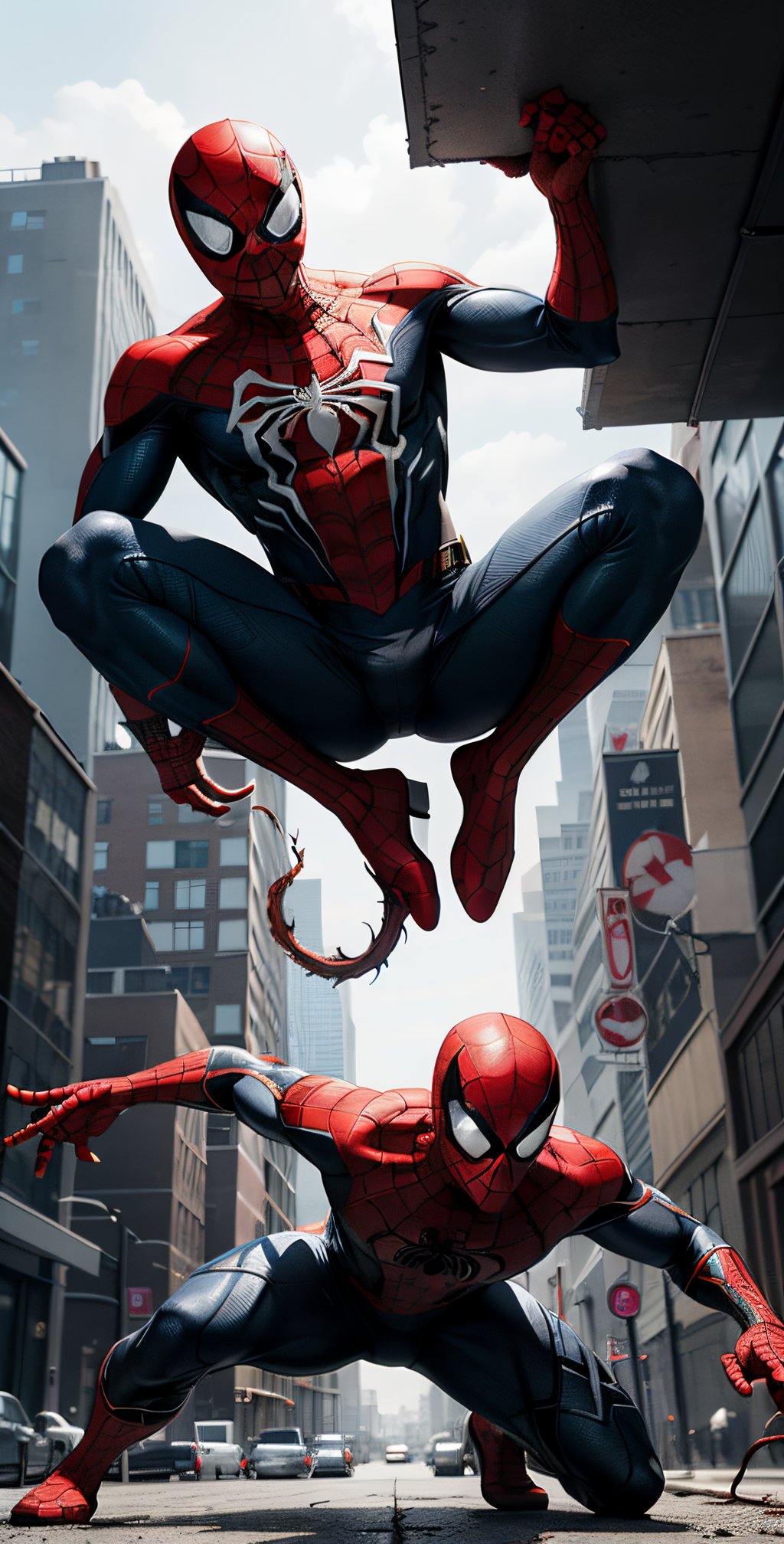 Certainly, here's a text-to-image prompt you could use:

"Produce an image that showcases the intense and dynamic clash between Spider-Man and Venom, with Spidey's agility pitted against Venom's brute strength, amidst the backdrop of a dark and gritty urban setting."