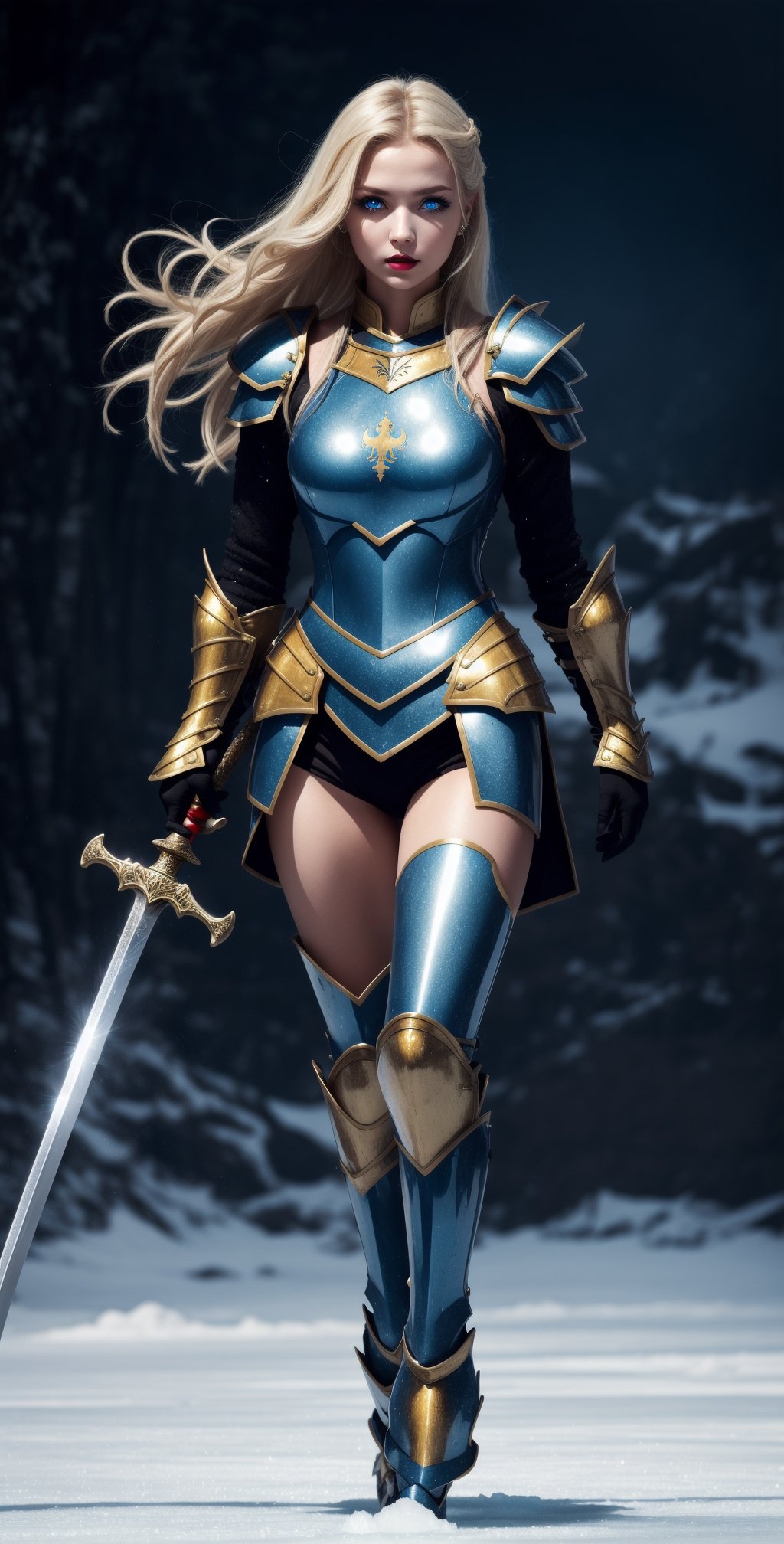 Girl warrior, deep blue glowing eye, blonde long hair, parted_lips, yellow magic armour, ice background, walking on ice, holding a sword, 