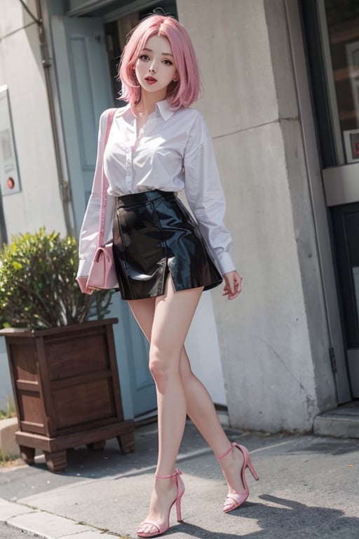 Girl, blue eyes, pink_hair, lite pink lipstick, natural figure, white shirt, mini_skirt, high heels, 